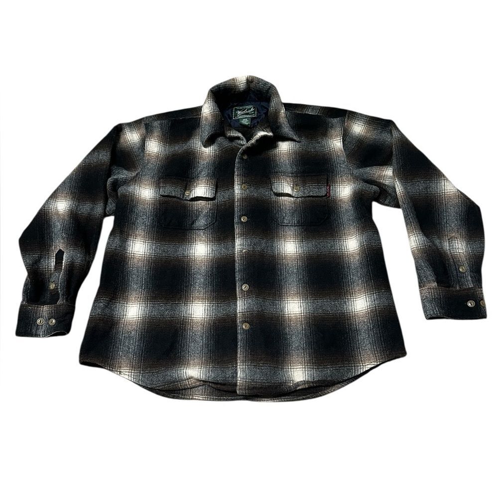 Woolrich Men’s L Wool Plaid Shirt Jacket Heavyweight Button Front Brown Black